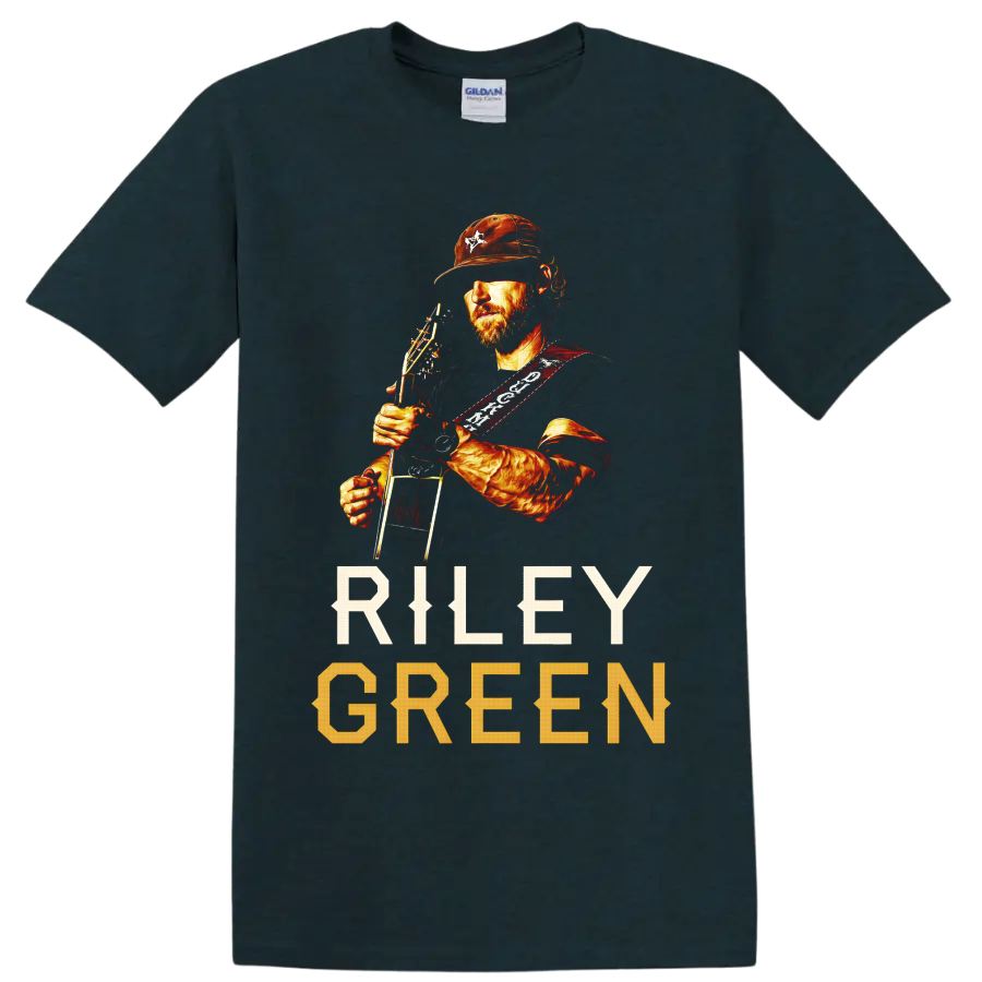 Riley Green holding guitar in warm western portrait art with RILEY GREEN text on a Midnight (Green) T Shirt