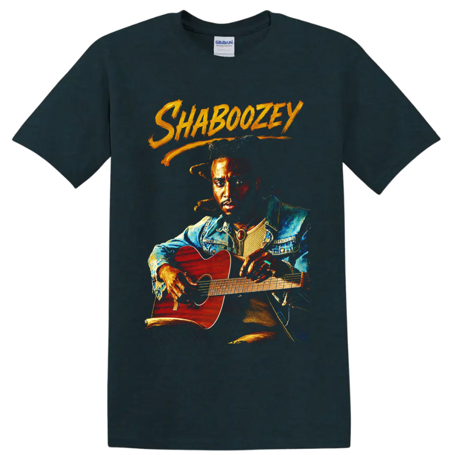 Painted Shaboozey portrait holding a red acoustic guitar with orange brush lettering on a Midnight (Green) T Shirt