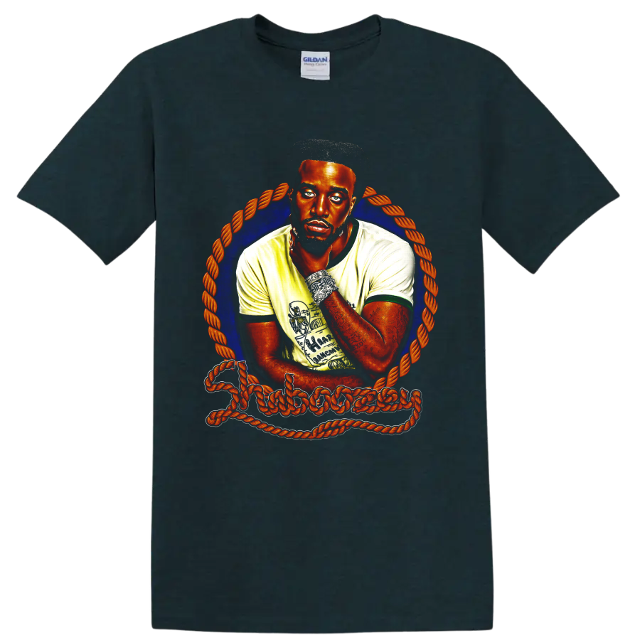 Shaboozey portrait illustration with blue halo, orange rope frame, and signature lettering on a Midnight (Green) T Shirt