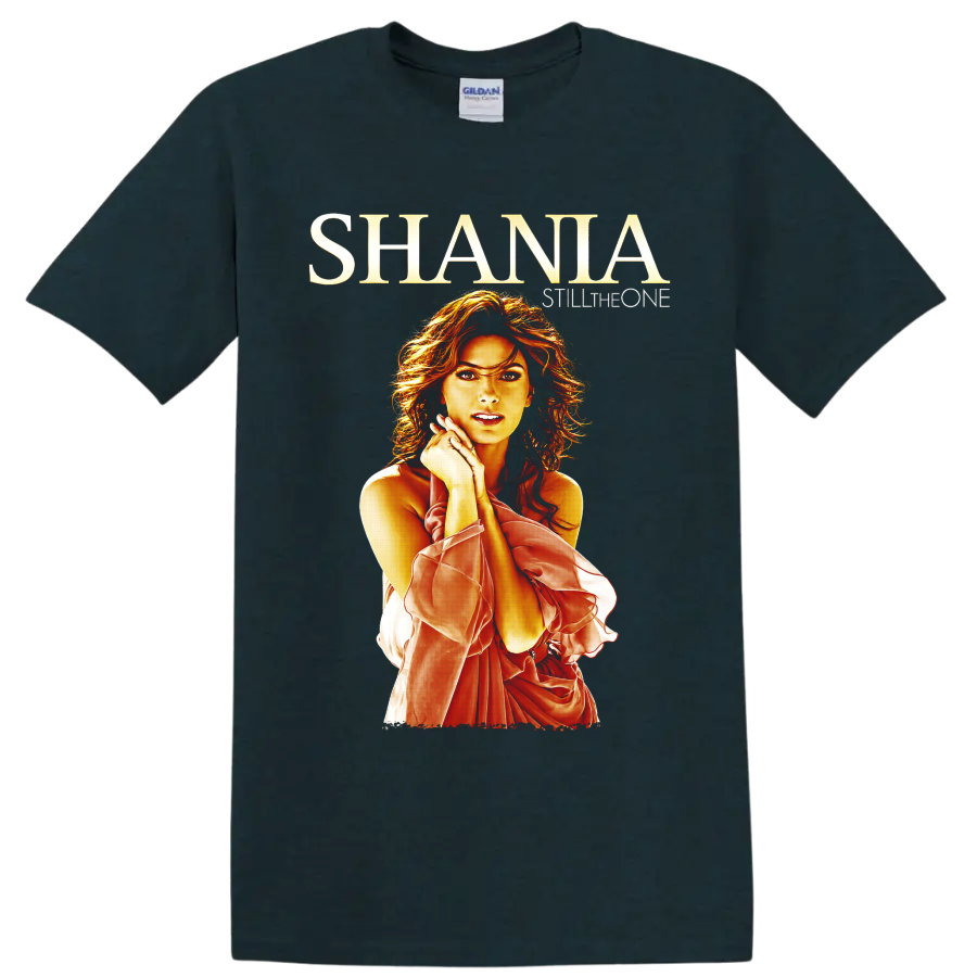 Shania Twain Still the One portrait in fiery red and gold country-pop fan art on a Midnight (Green) T Shirt