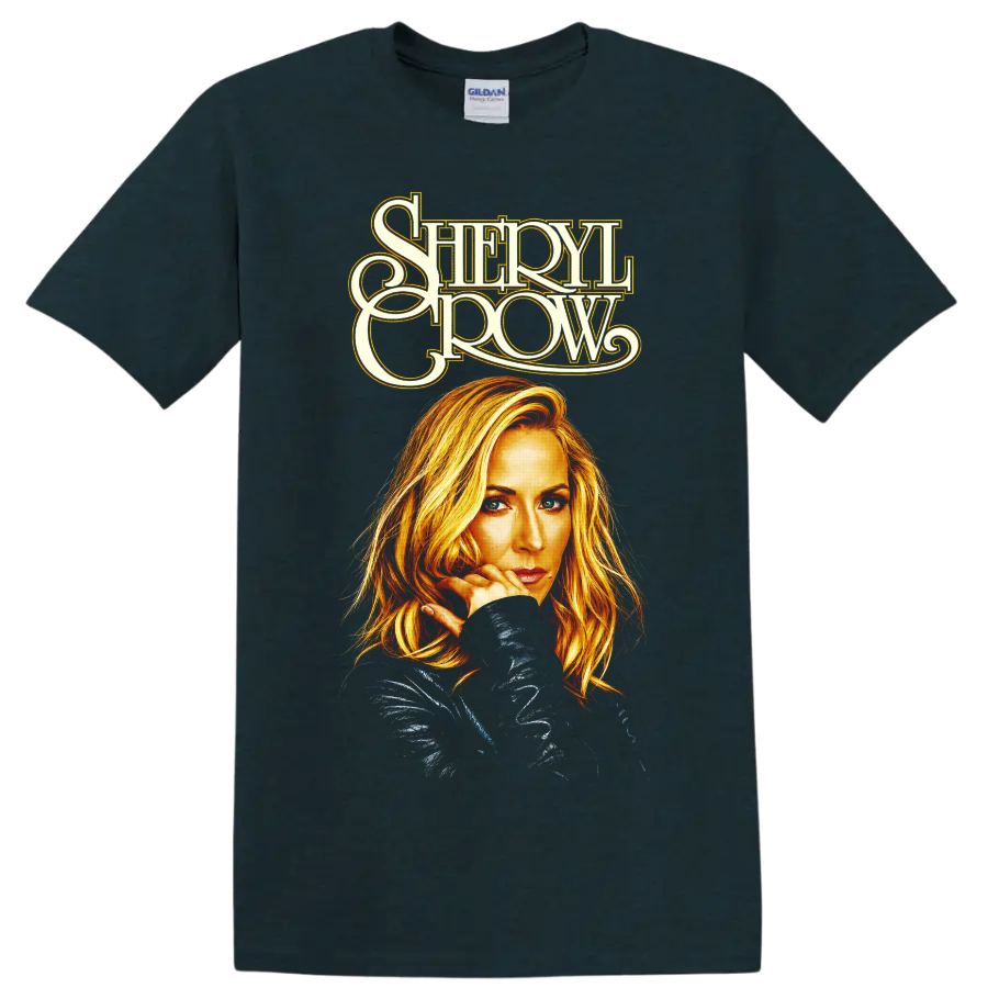 Sheryl Crow portrait with flowing cream name lettering and golden illustrated highlights on a Midnight (Green) T Shirt