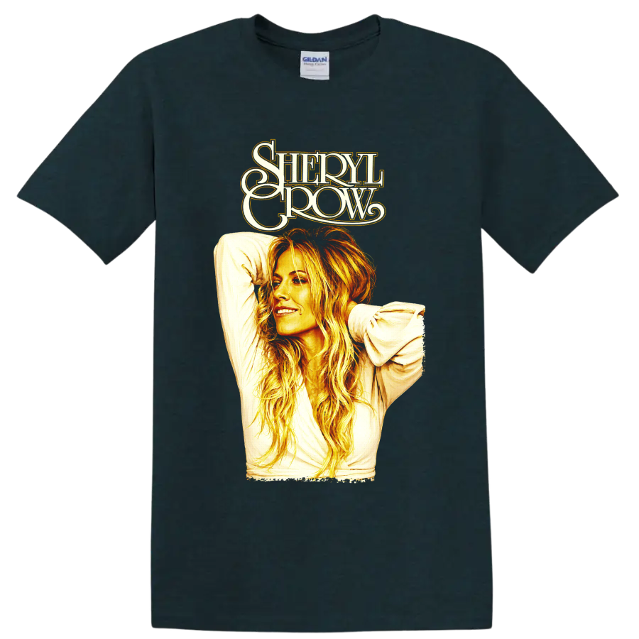 Sheryl Crow retro gold and orange portrait with stylized lettering on a Midnight (Green) T Shirt