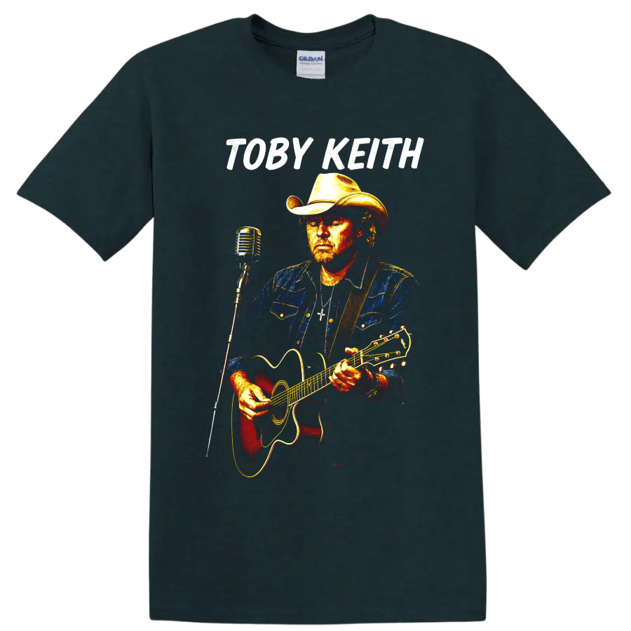 Toby Keith country singer portrait with cowboy hat, acoustic guitar, and vintage on a Midnight (Green) T Shirt