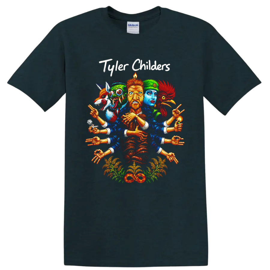 Tyler Childers surreal folk-art portrait with guitar, colorful faces, hands, and on a Midnight (Green) T Shirt