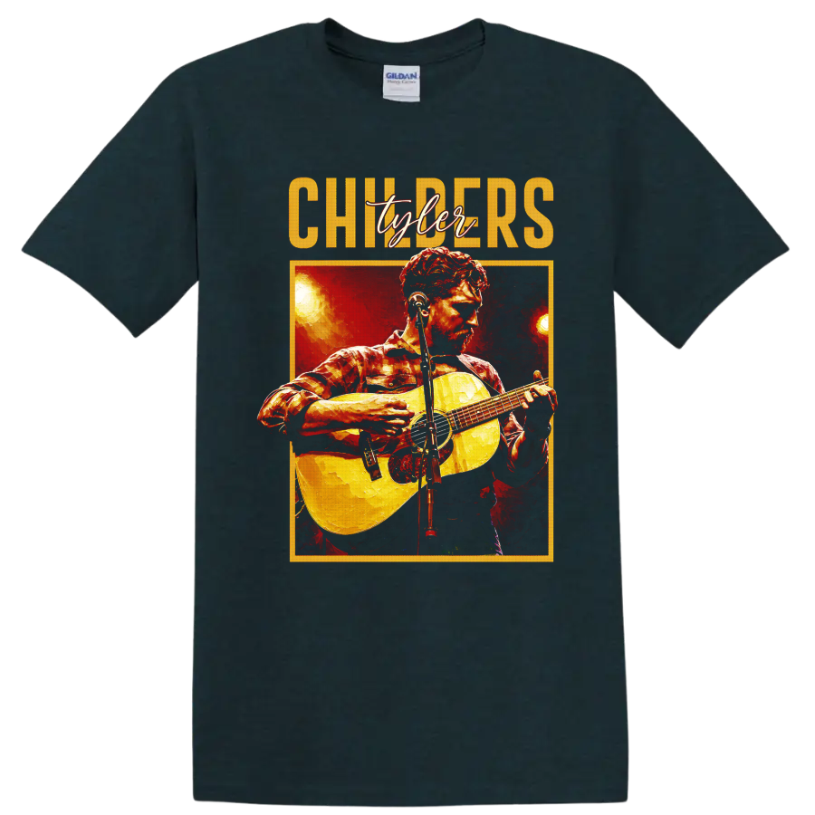Tyler Childers painterly concert portrait with acoustic guitar and stage lights on a Midnight (Green) T Shirt