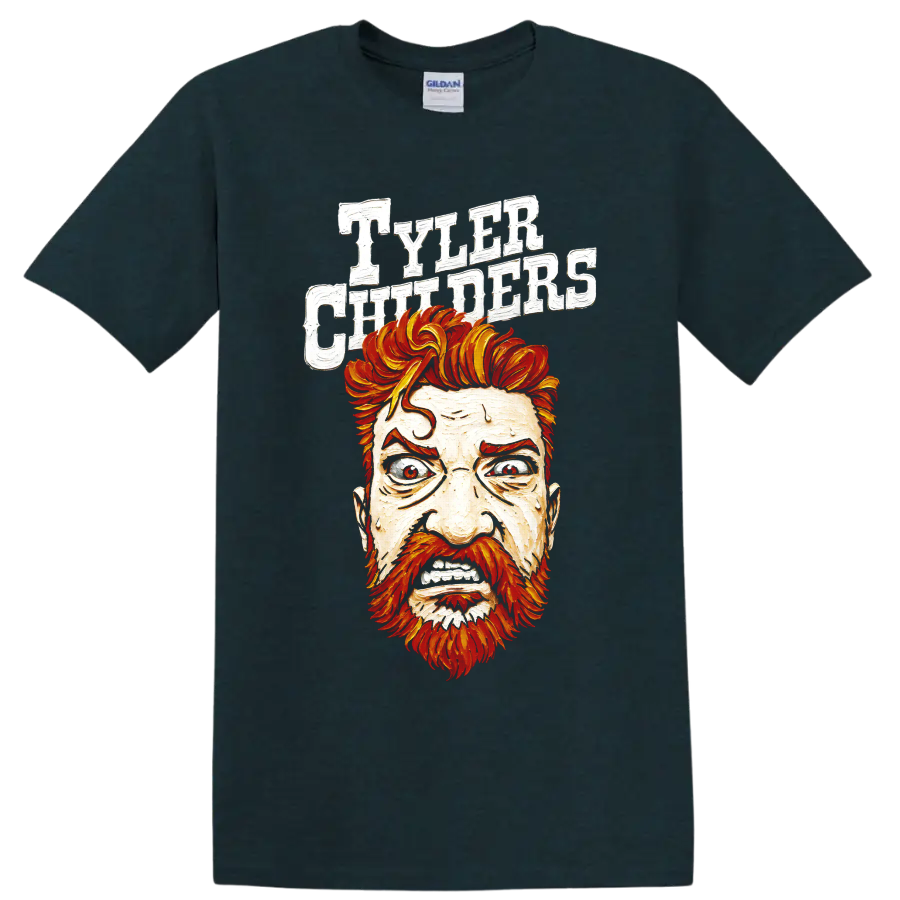 Tyler Childers illustrated portrait with fiery hair and distressed white lettering on a Midnight (Green) T Shirt