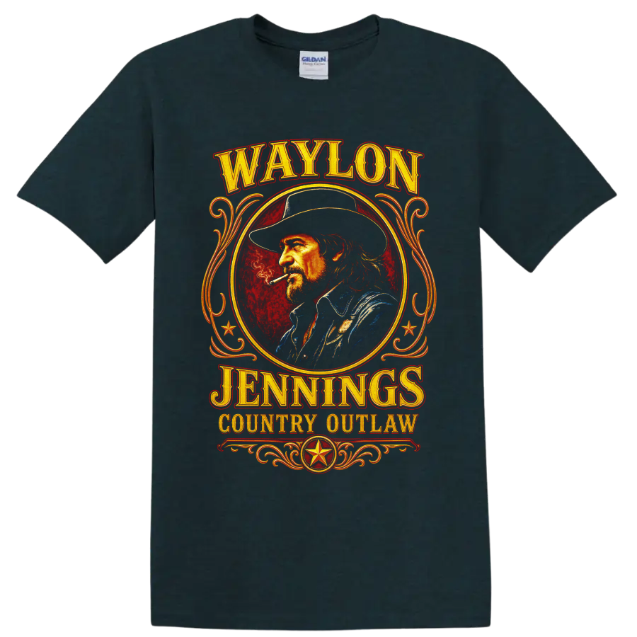 Waylon Jennings country outlaw Western portrait with vintage lettering and gold scrollwork on a Midnight (Green) T Shirt