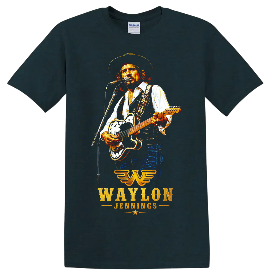 Waylon Jennings performing with guitar in vivid western concert-style artwork on a Midnight (Green) T Shirt