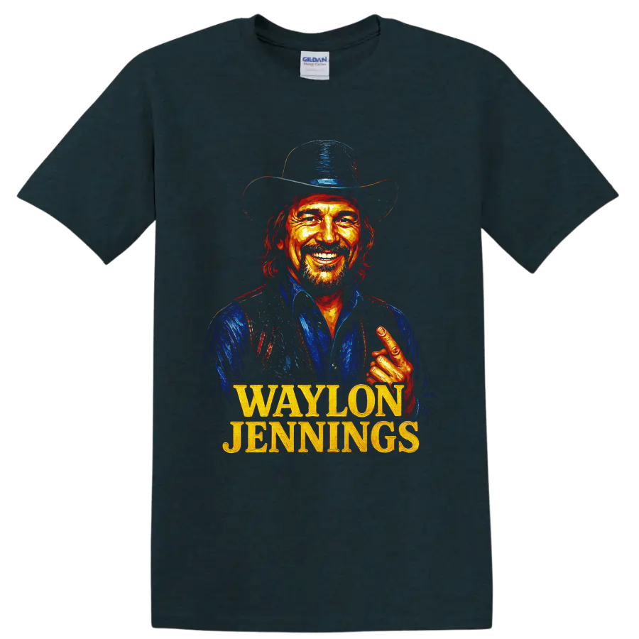 Waylon Jennings painted cowboy hat portrait with bold gold name lettering on a Midnight (Green) T Shirt