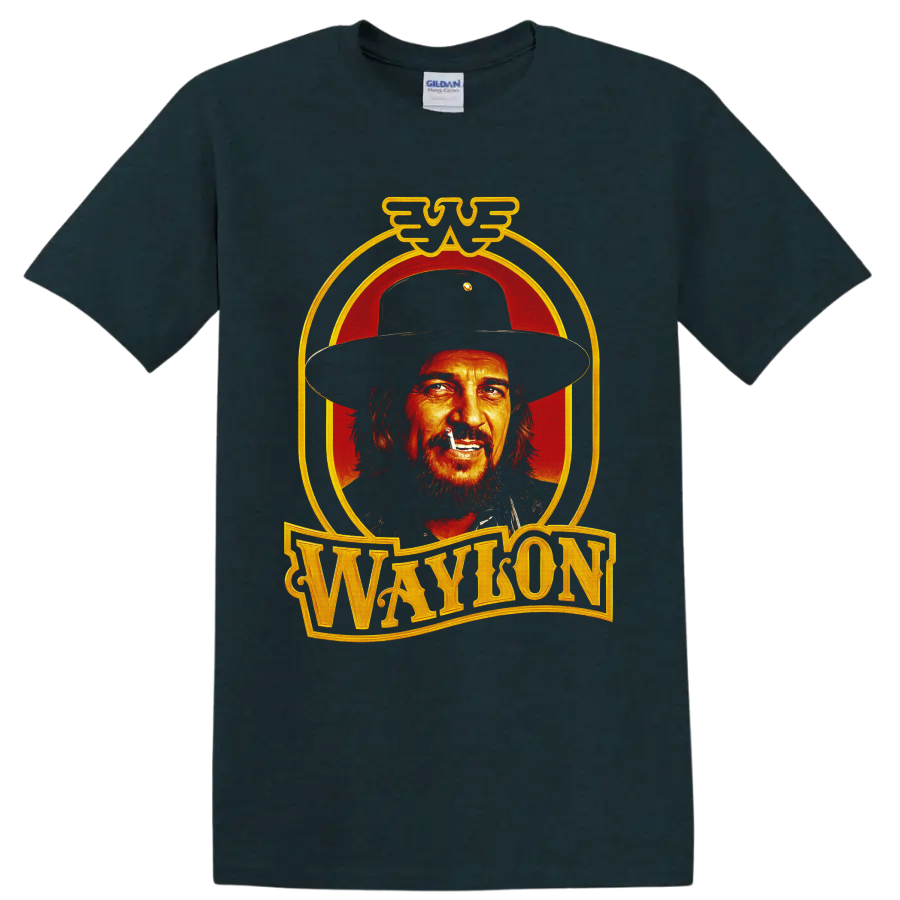 Waylon Jennings western cowboy portrait with red backdrop and gold Waylon lettering on a Midnight (Green) T Shirt