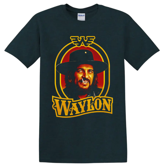 Waylon Jennings western cowboy portrait with red backdrop and gold Waylon lettering on a Midnight (Green) T Shirt