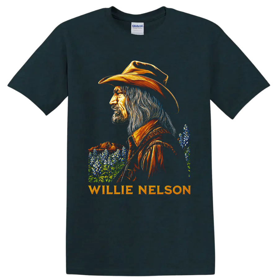 Willie Nelson western portrait with orange cowboy hat, bluebonnets, and name lettering on a Midnight (Green) T Shirt