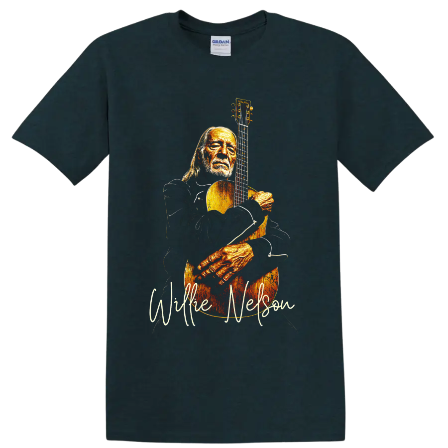 Willie Nelson holding an acoustic guitar in a warm vintage-style portrait on a Midnight (Green) T Shirt