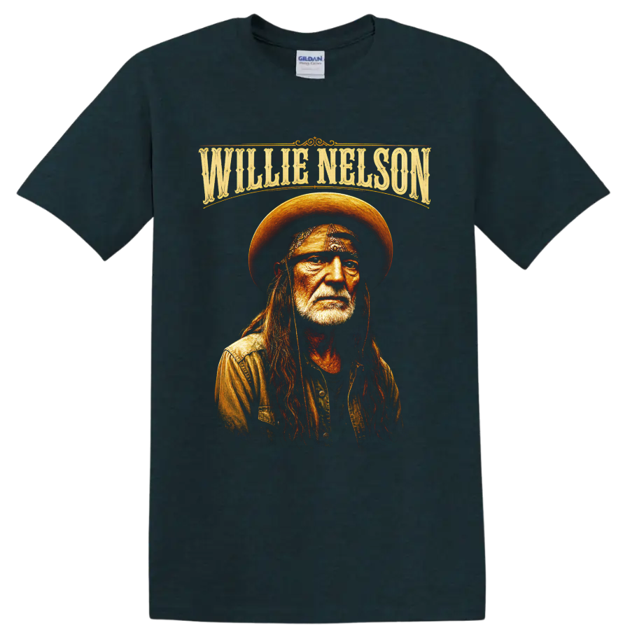 Willie Nelson portrait in western hat and bandana with ornate name lettering on a Midnight (Green) T Shirt