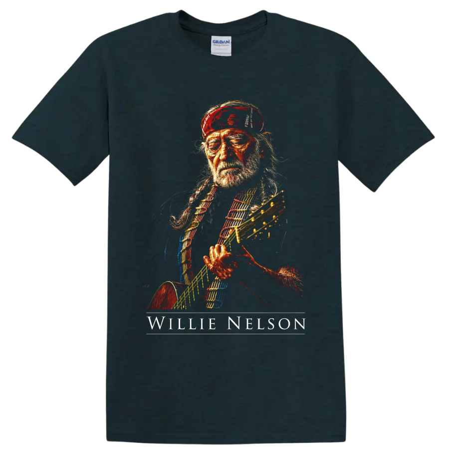 Willie Nelson guitar portrait in a bold painterly country music style on a Midnight (Green) T Shirt