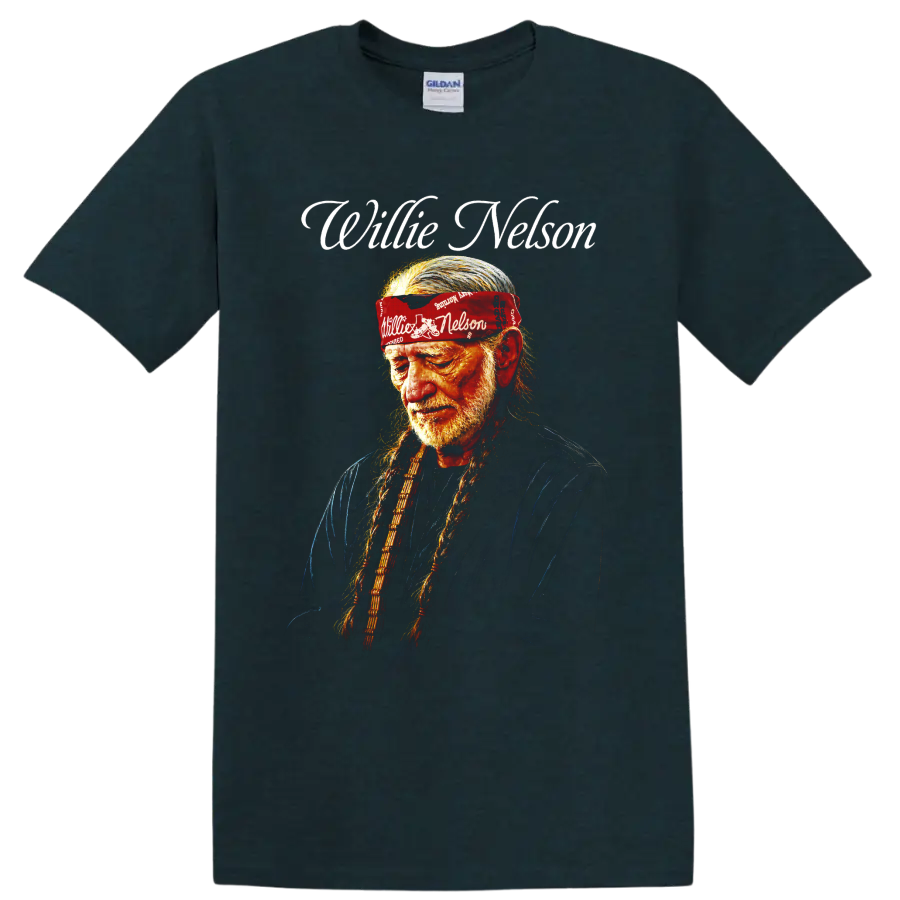 Willie Nelson portrait with long braids, red bandana, and white script lettering on a Midnight (Green) T Shirt