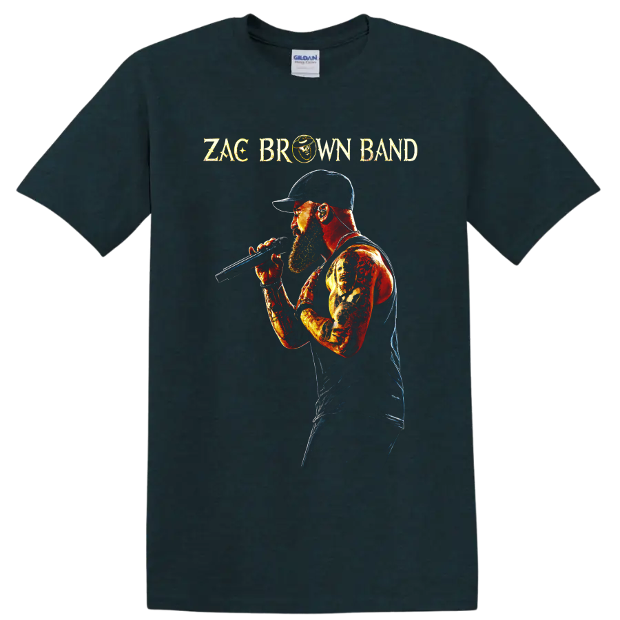 Zac Brown Band singer with microphone in a fiery distressed concert portrait on a Midnight (Green) T Shirt