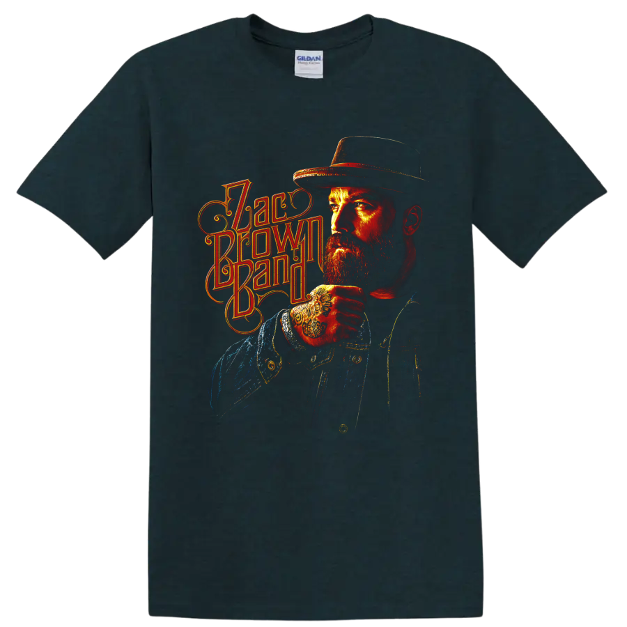 Fiery Zac Brown Band portrait with cowboy hat and ornate vintage lettering on a Midnight (Green) T Shirt