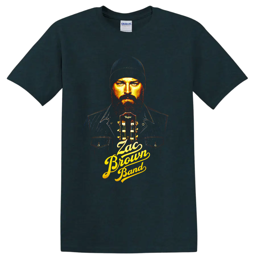 Zac Brown Band bearded guitarist portrait with acoustic guitar and gold script lettering on a Midnight (Green) T Shirt