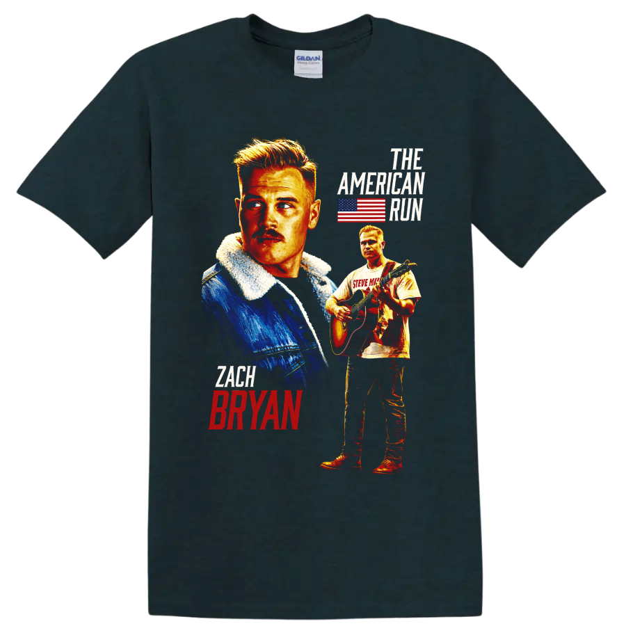Zach Bryan portrait and acoustic guitar graphic with American flag and The American Run on a Midnight (Green) T Shirt