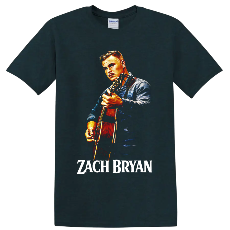 Zach Bryan illustrated portrait playing acoustic guitar with name text on a Midnight (Green) T Shirt