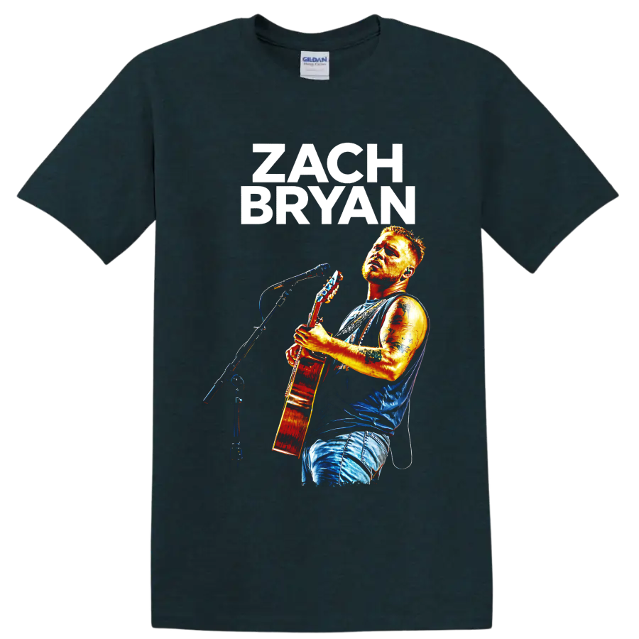 Zach Bryan guitar performance portrait with bold lettering and colorful concert lighting on a Midnight (Green) T Shirt