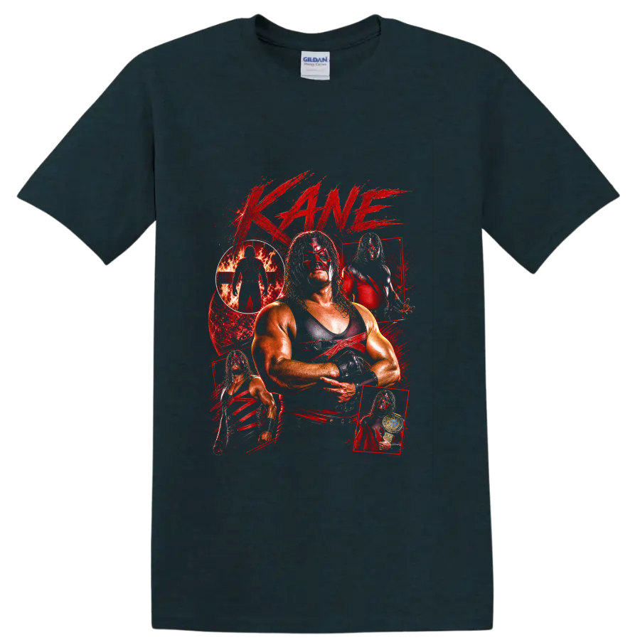 Kane masked wrestler collage with fire, championship belt, and distressed red paint on a Midnight (Green) T Shirt