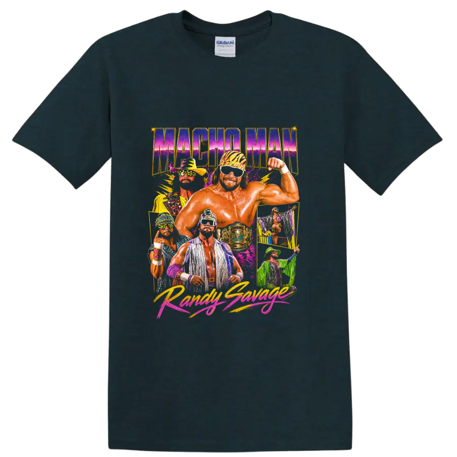 Macho Man Randy Savage retro neon wrestling collage with championship belt on a Midnight (Green) T Shirt