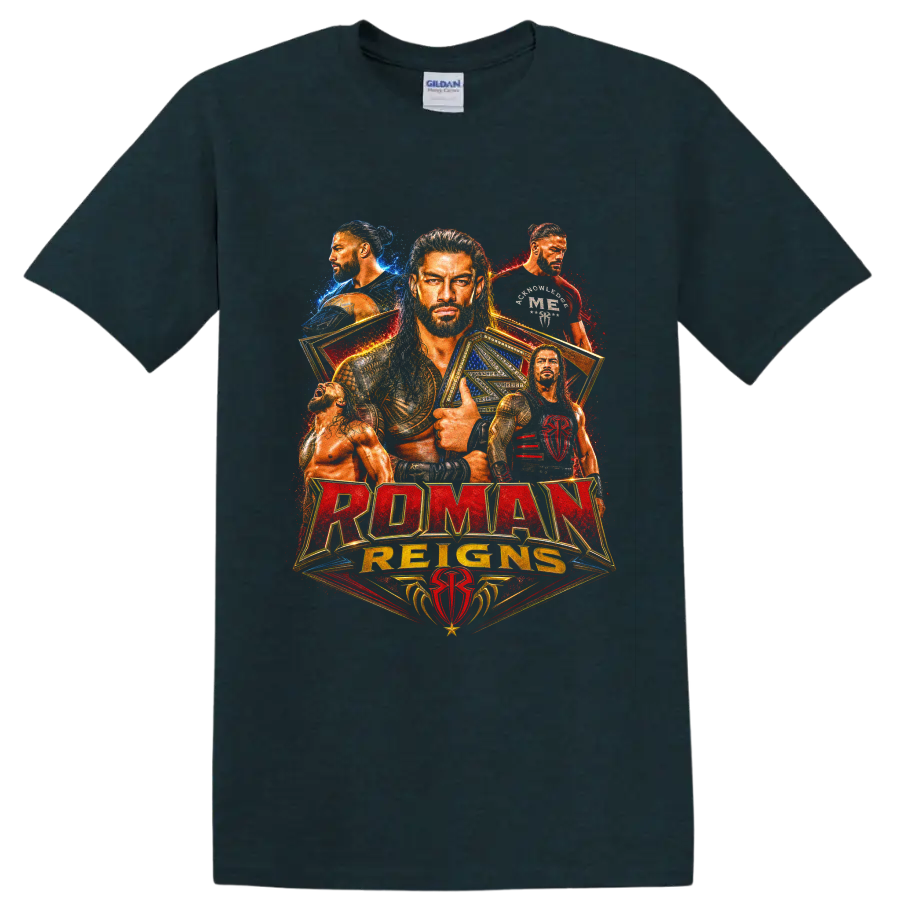 Roman Reigns championship portrait collage with gold belts and red blue splatter on a Midnight (Green) T Shirt