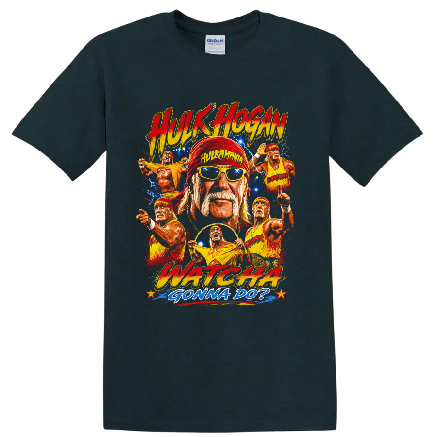 Hulk Hogan retro wrestling collage with lightning, action poses, and Hulkamania text on a Midnight (Green) T Shirt