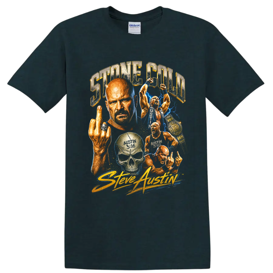 Stone Cold Steve Austin wrestling collage with skull, championship belt, and blue on a Midnight (Green) T Shirt