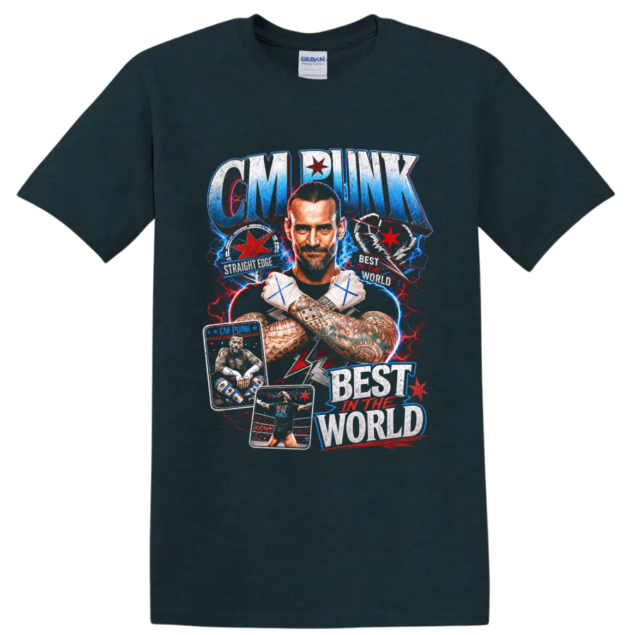 CM Punk portrait with crossed taped fists, Chicago stars, ring action, and distressed on a Midnight (Green) T Shirt
