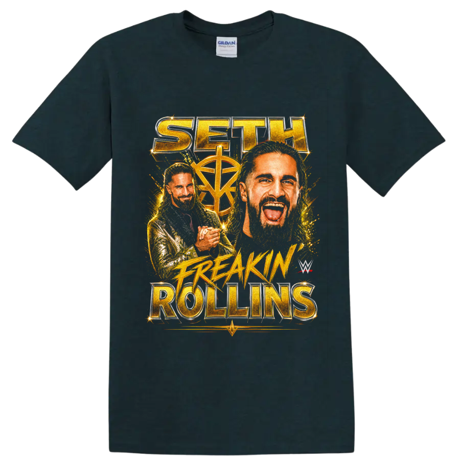 Seth Rollins gold portrait collage with championship lettering and fiery splatter on a Midnight (Green) T Shirt