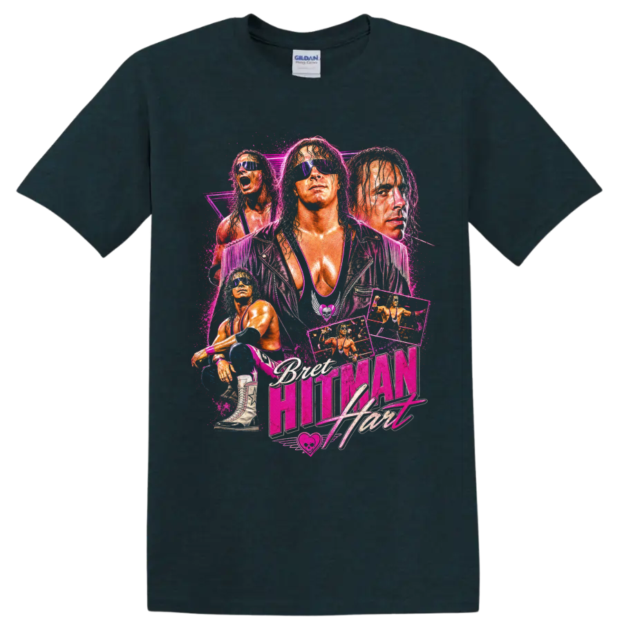 Bret Hart neon pink wrestling portrait collage with sunglasses, action panels, and logo on a Midnight (Green) T Shirt