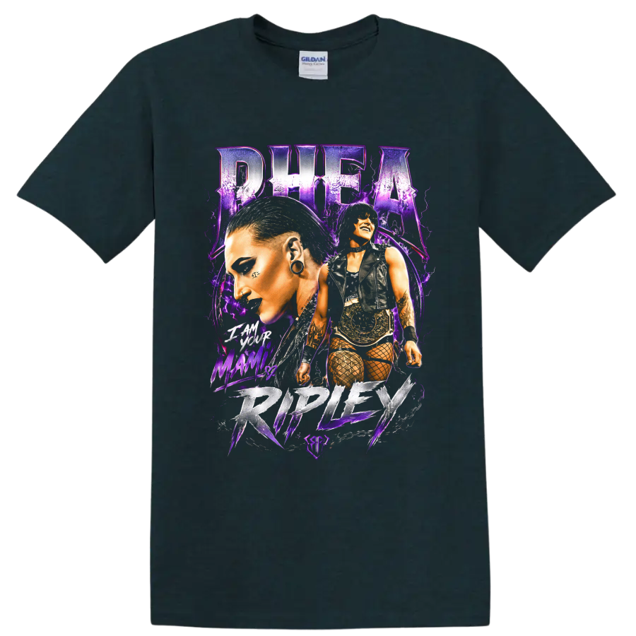Rhea Ripley purple gothic wrestling portrait collage with championship belt on a Midnight (Green) T Shirt