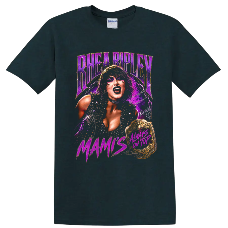 Rhea Ripley purple gothic portrait with championship belt, chains, and Mami text on a Midnight (Green) T Shirt