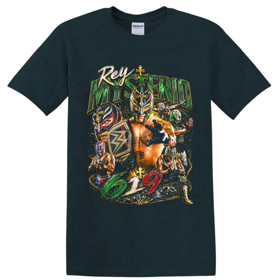 Rey Mysterio lucha libre mask collage with championship belt and 619 artwork on a Midnight (Green) T Shirt