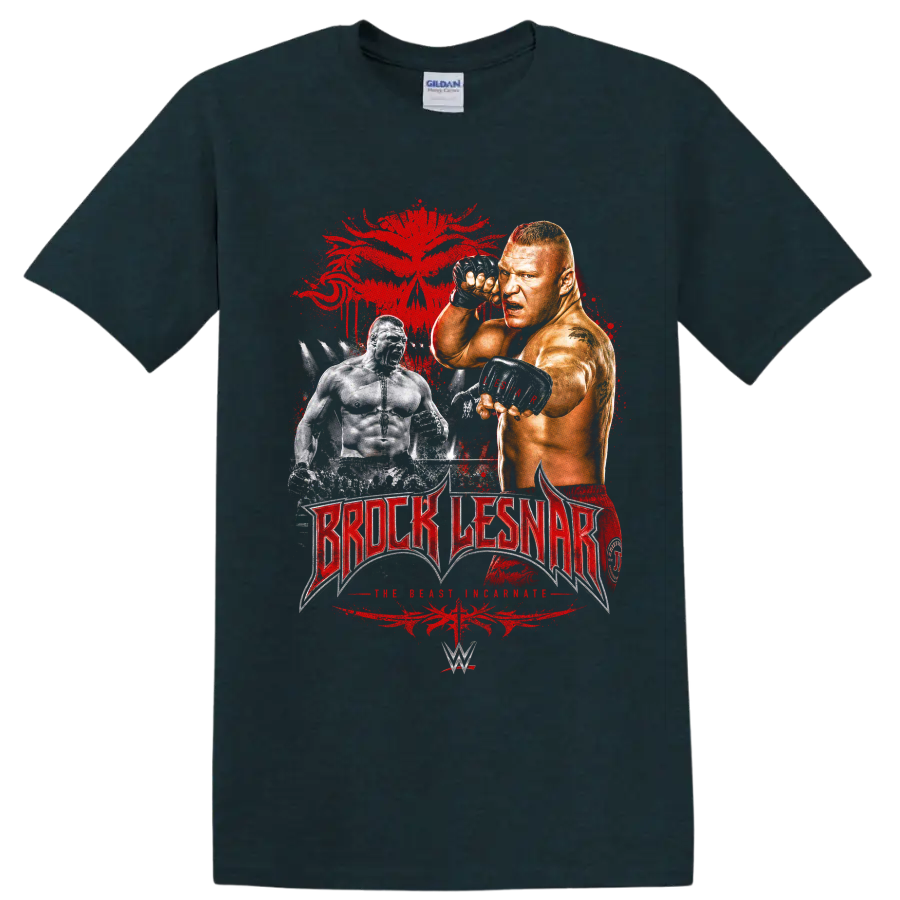 Brock Lesnar fighter portrait with distressed red splatter and wrestling lettering on a Midnight (Green) T Shirt