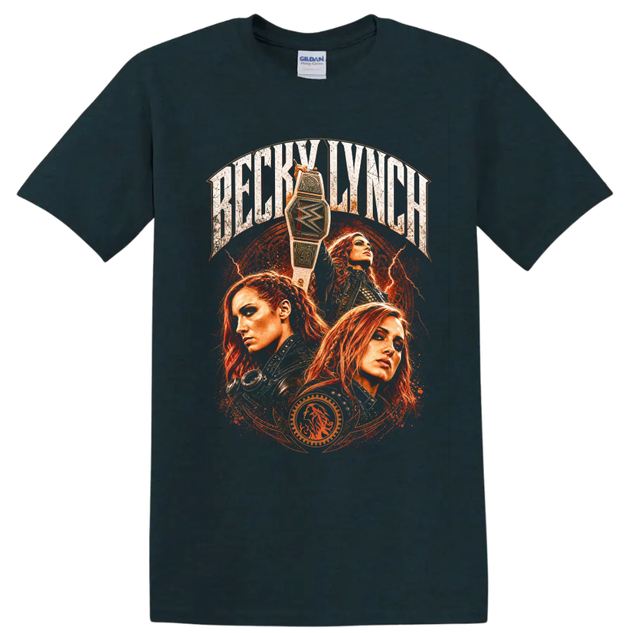 Becky Lynch three-portrait wrestling collage with championship belt and distressed on a Midnight (Green) T Shirt