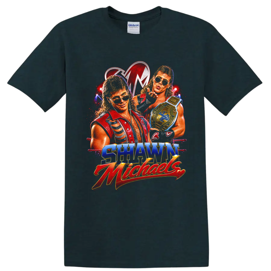 Shawn Michaels retro wrestling portraits with championship belt and arena lights on a Midnight (Green) T Shirt
