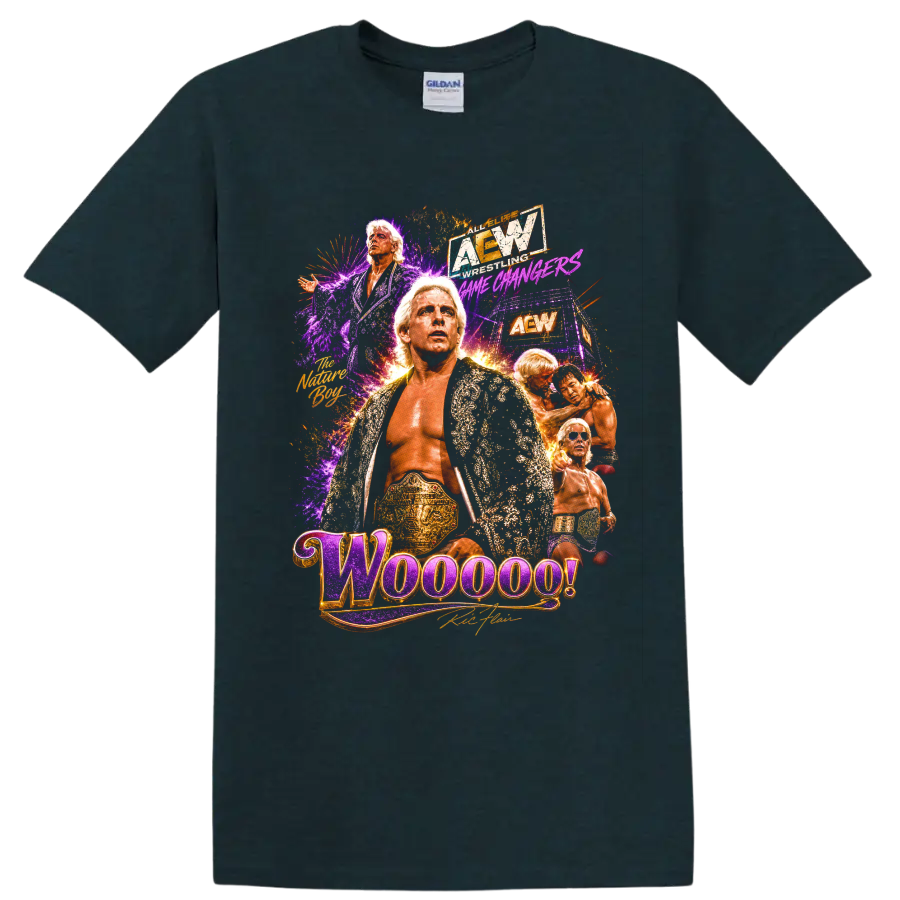 Ric Flair Nature Boy wrestling collage with championship belt, robe, and Woooo! text on a Midnight (Green) T Shirt