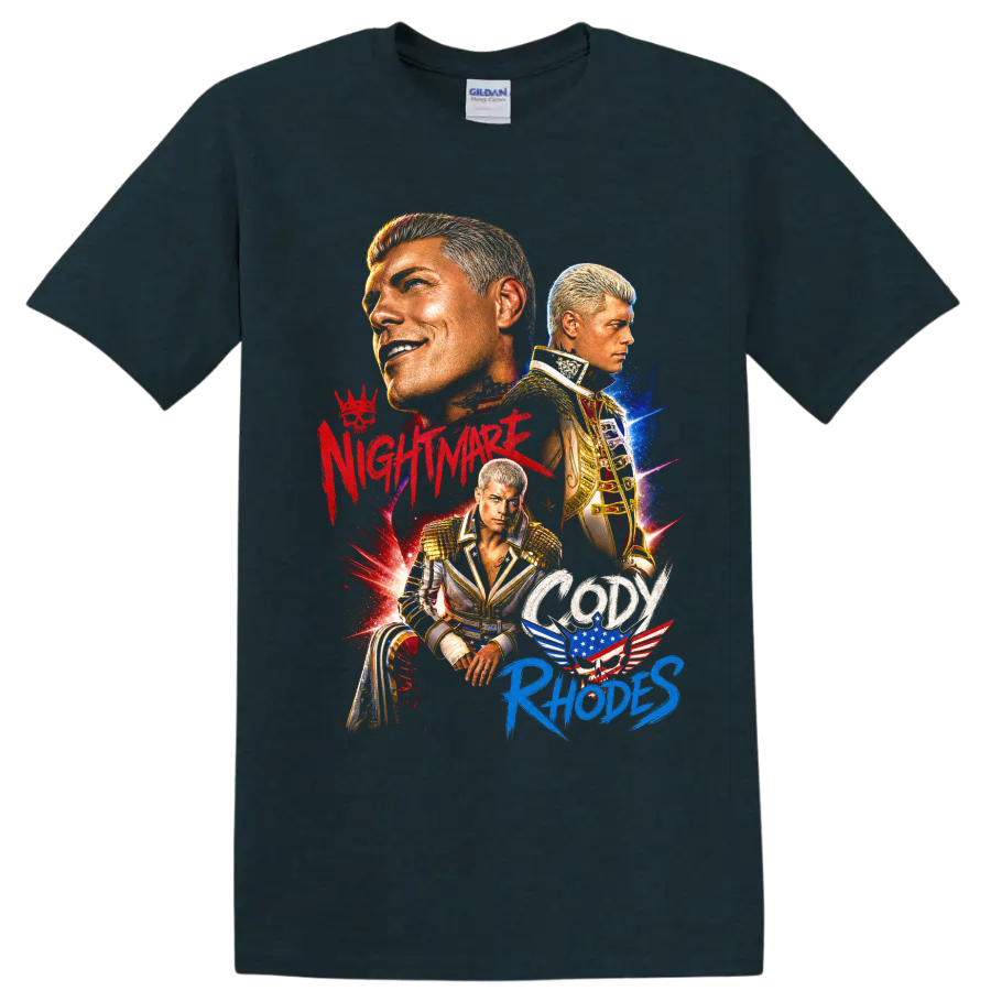 Cody Rhodes wrestling portrait collage with gold gear, stars, and patriotic graphic on a Midnight (Green) T Shirt