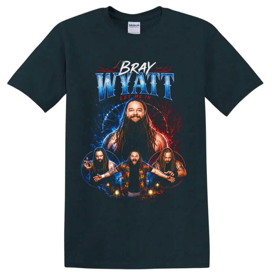 Bray Wyatt red and blue horror portrait collage with lanterns and Let Me In text on a Midnight (Green) T Shirt
