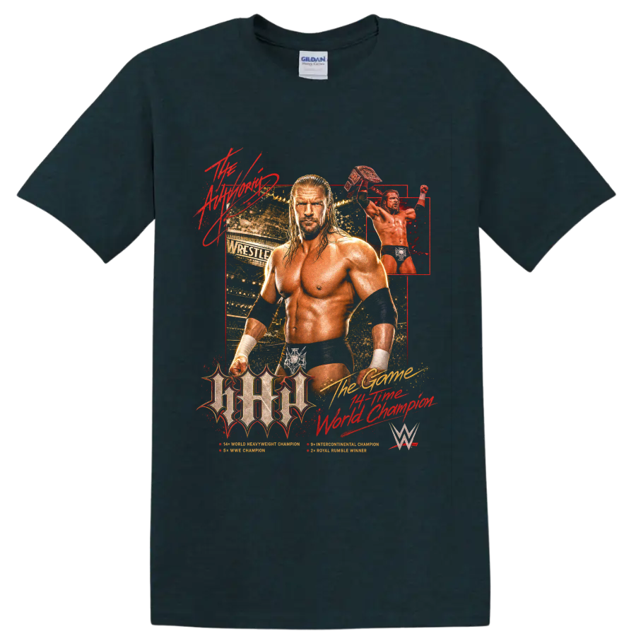 Triple H championship wrestling portrait with arena collage and raised title belt on a Midnight (Green) T Shirt