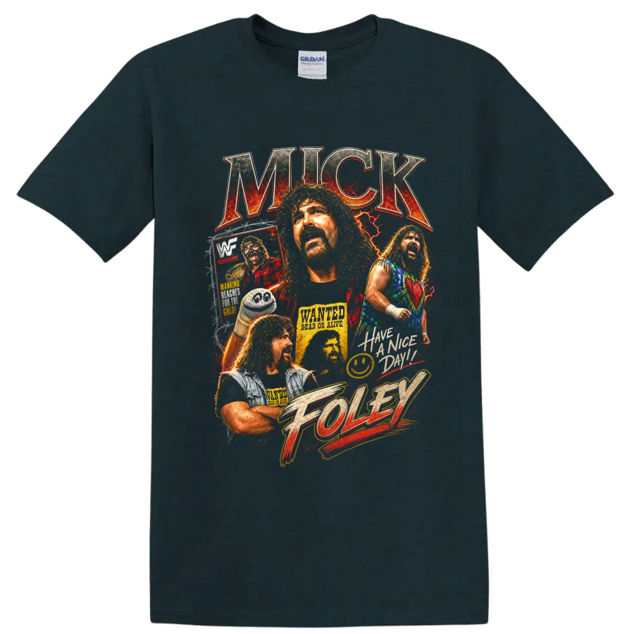 Mick Foley distressed wrestling portrait collage with lightning, poster art, and bold on a Midnight (Green) T Shirt
