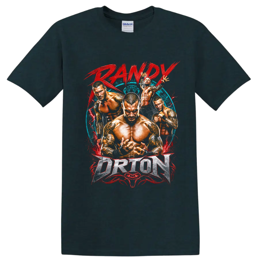 Randy Orton wrestling action collage with red lightning, blue backdrop, and bold lettering on a Midnight (Green) T Shirt