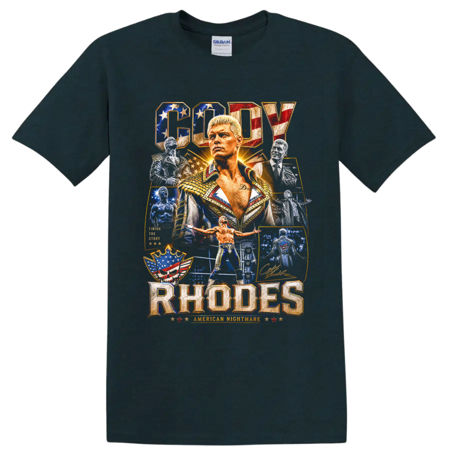 Cody Rhodes American Nightmare patriotic wrestling portrait collage with arena action on a Midnight (Green) T Shirt