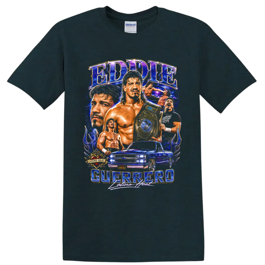 Eddie Guerrero Latino Heat wrestling collage with championship belt and lowrider truck on a Midnight (Green) T Shirt