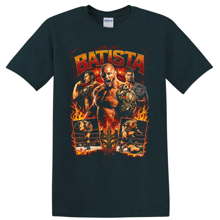 Batista wrestling collage with flames, ring action, championship belt, and distressed text on a Midnight (Green) T Shirt