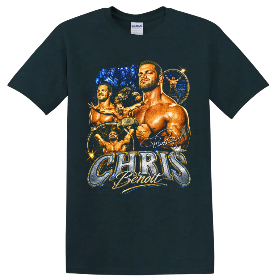 Chris Benoit wrestling collage with action poses, championship belt, and blue gold on a Midnight (Green) T Shirt